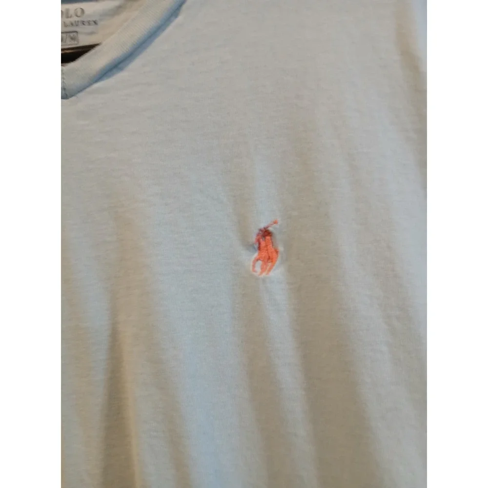 Polo Ralph Lauren Mens V-Neck T-Shirt Light Blue Orange Pony Logo Size M